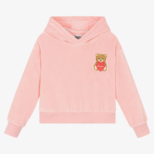 Moschino Kid-Teen-Girls Pink Velour Teddy Bear Hoodie | Childrensalon Outlet