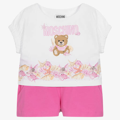 Moschino Kid-Teen-Girls Pink & White Cotton Logo Shorts Set | Childrensalon Outlet
