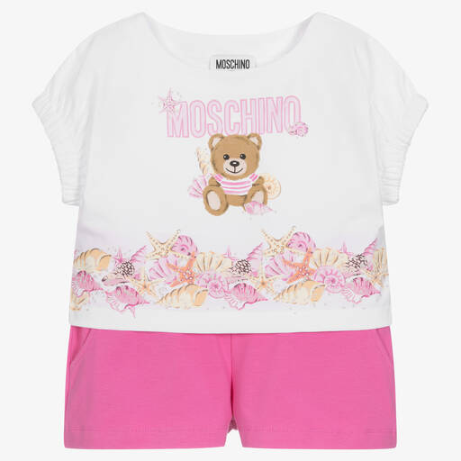 Moschino Kid-Teen-طقم شورت قطن جيرسي لون أبيض وزهري للبنات | Childrensalon Outlet