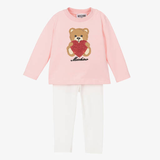 Moschino Baby-Розовый топ с медвежонком и белые легинсы | Childrensalon Outlet