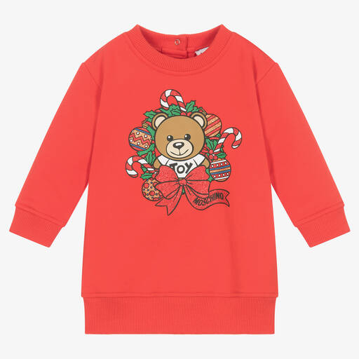 Moschino Baby-Rotes Baumwollkleid mit Teddy-Print | Childrensalon Outlet