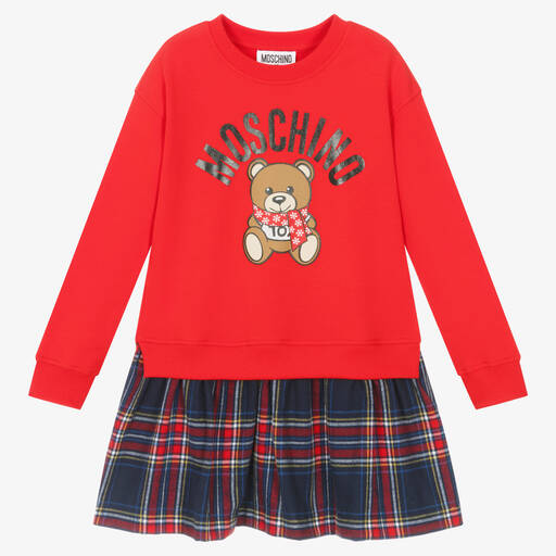 Moschino Kid-Teen-Girls Red Cotton Teddy & Tartan Dress | Childrensalon Outlet