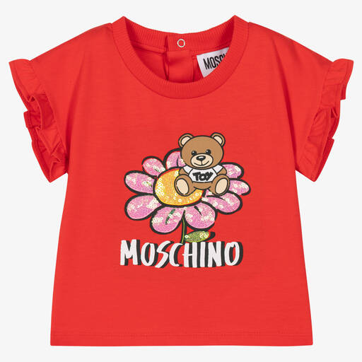 Moschino Baby-Rotes T-Shirt mit Paillettenblume | Childrensalon Outlet