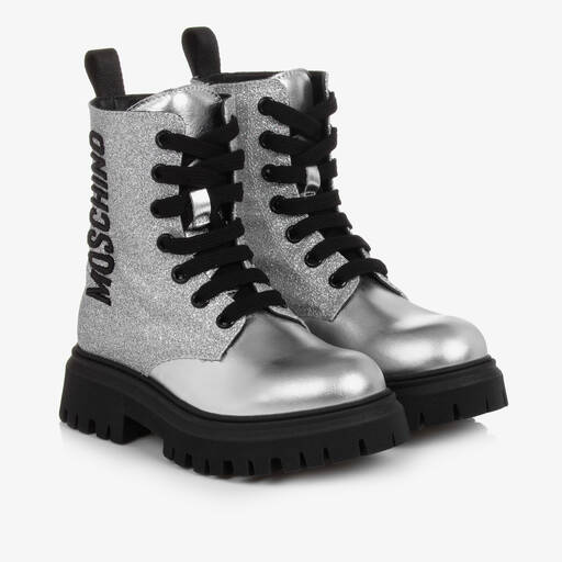 Moschino Kid-Teen-Silberne Lederstiefel mit Glitzer | Childrensalon Outlet