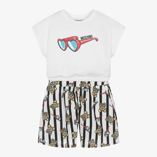 Moschino Kid-Teen-Girls White Bear Stripe Shorts Set | Childrensalon Outlet