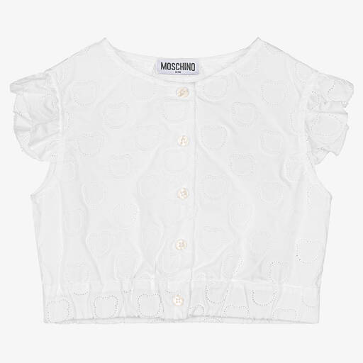 Moschino Kid-Teen-Girls White Cotton Teddy Logo Blouse | Childrensalon Outlet