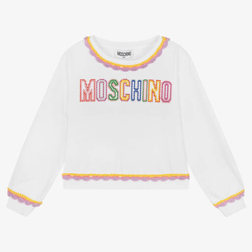 Moschino Kid-Teen-Girls White Cropped Logo Sweatshirt | Childrensalon Outlet