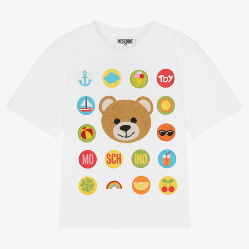 Moschino Kid-Teen-تيشيرت قطن لون أبيض مزين بكريستال للبنات | Childrensalon Outlet