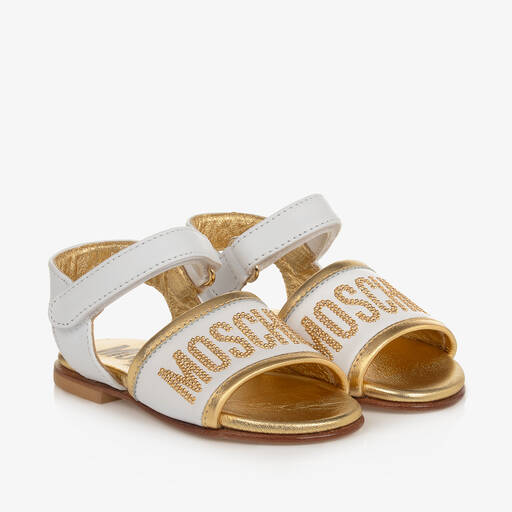 Moschino Kid-Teen-Girls White & Gold Leather Sandals | Childrensalon Outlet