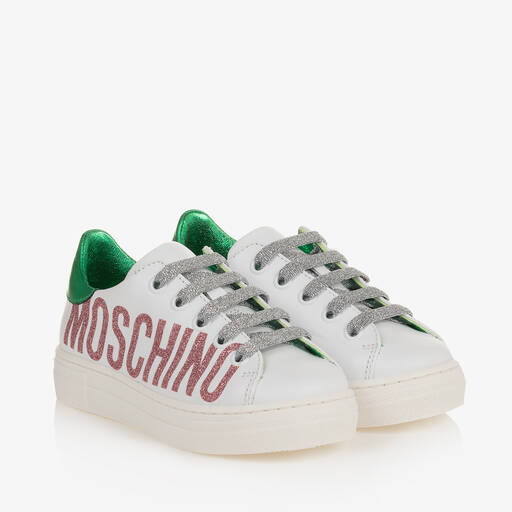 Moschino Kid-Teen-Girls White Leather Glitter Trainers | Childrensalon Outlet