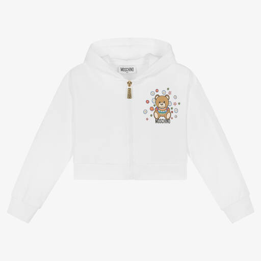 Moschino Kid-Teen-Girls White Rhinestone Logo Zip-Up Top | Childrensalon Outlet