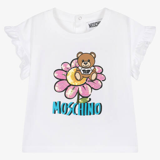 Moschino Baby-Weißes T-Shirt mit Paillettenblume | Childrensalon Outlet