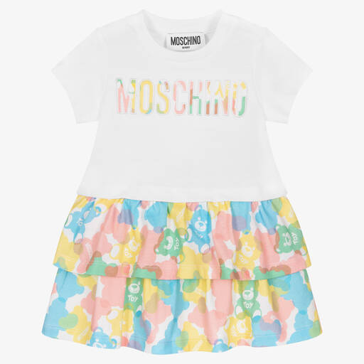 Moschino Baby-Girls White Teddy Bear Logo Jersey Dress | Childrensalon Outlet