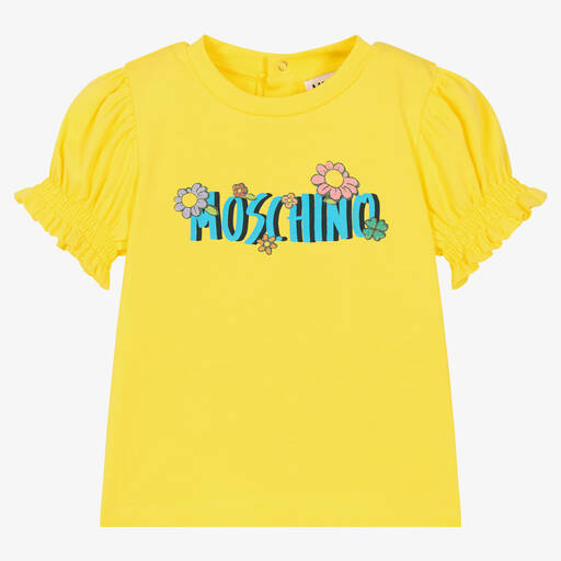 Moschino Малыши-Желтая футболка с цветочным логотипом | Childrensalon Outlet