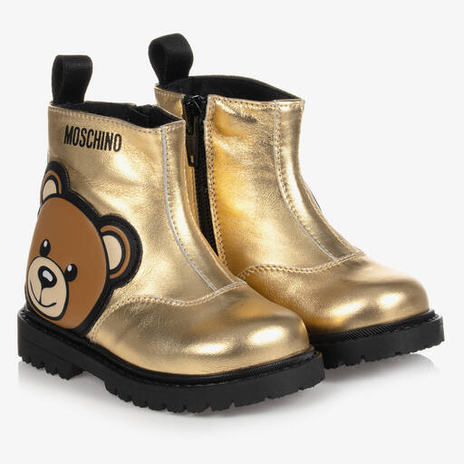 Moschino Kid-Teen-Gold Leather Teddy Bear Boots | Childrensalon Outlet