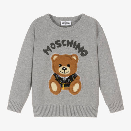 Moschino Kid-Teen-Grey Cotton Knit Teddy Bear Logo Sweater | Childrensalon Outlet