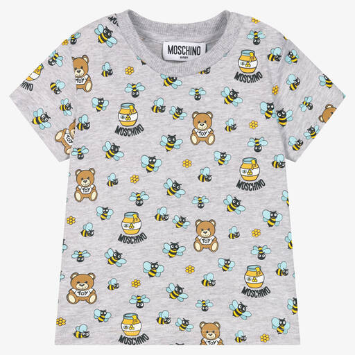 Moschino Baby-Grey Cotton Teddy Bear & Bees T-Shirt | Childrensalon Outlet
