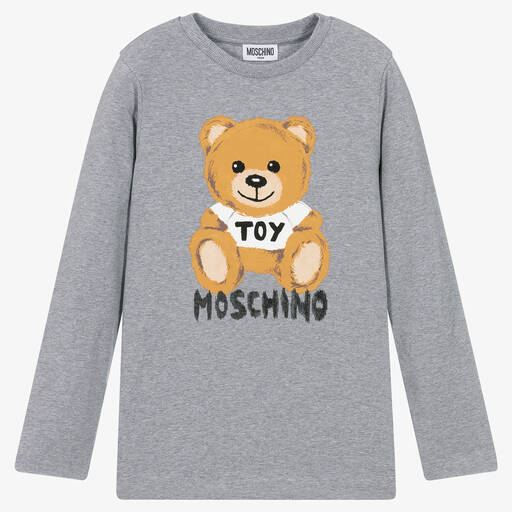 Moschino Kid-Teen-Grey Cotton Teddy Bear Logo Top | Childrensalon Outlet