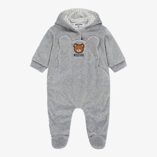 Moschino Baby-Grey Cotton Velour Teddy Baby Pramsuit | Childrensalon Outlet