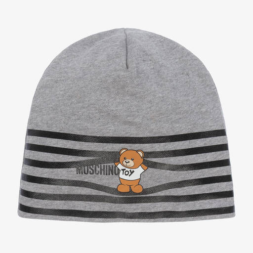 Moschino Kid-Teen-Grey Striped Cotton Logo Hat | Childrensalon Outlet