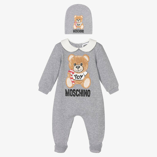 Moschino Baby-Grey Teddy Bear Babygrow Set | Childrensalon Outlet