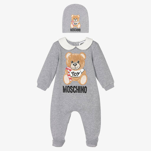 Moschino Baby-Graues Teddybär-Strampler-Set | Childrensalon Outlet