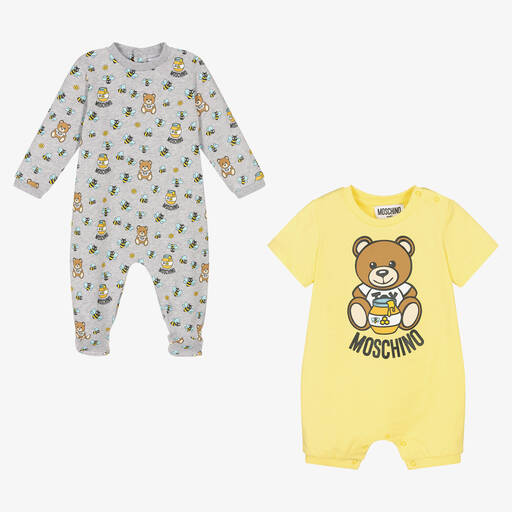 Moschino Baby-Grey & Yellow Bear Babysuits (2 Pack) | Childrensalon Outlet