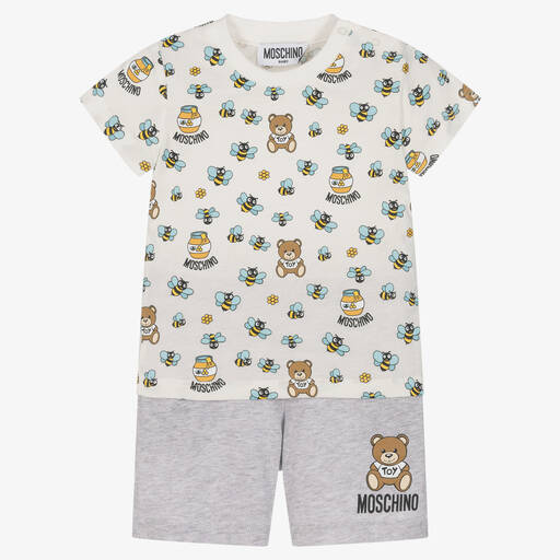 Moschino Baby-طقم شورت قطن لون عاجي ورمادي للأطفال | Childrensalon Outlet