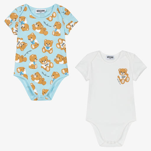 Moschino Малыши-Ivory & Blue Cotton Bodyvests (2 Pack) | Childrensalon Outlet