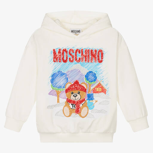 Moschino Kid-Teen-Ivory Cotton Bear Logo Hoodie | Childrensalon Outlet