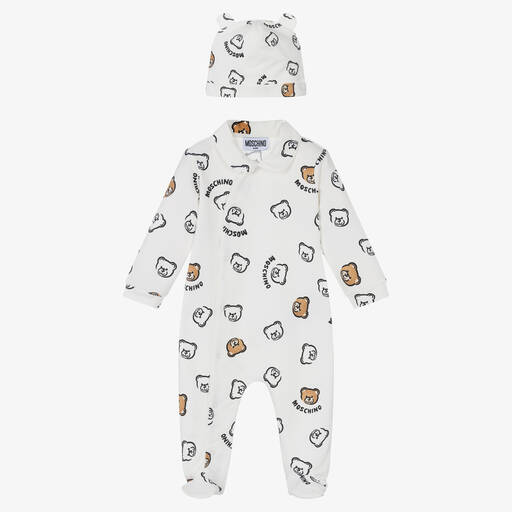Moschino Baby-Ivory Cotton Teddy Bear Babysuit Set | Childrensalon Outlet