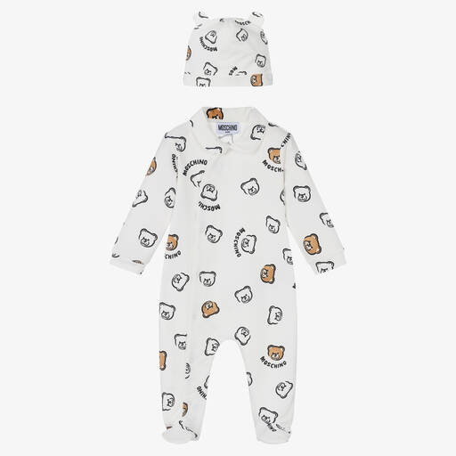 Moschino Baby-Ivory Cotton Teddy Bear Babysuit Set | Childrensalon Outlet