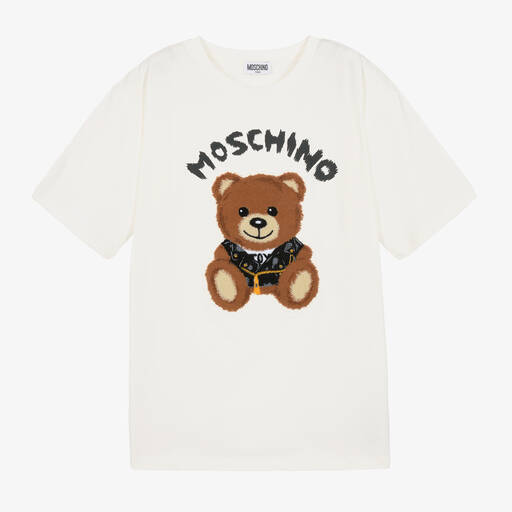 Moschino Kid-Teen-Ivory Cotton Teddy Bear Logo Maxi T-Shirt | Childrensalon Outlet