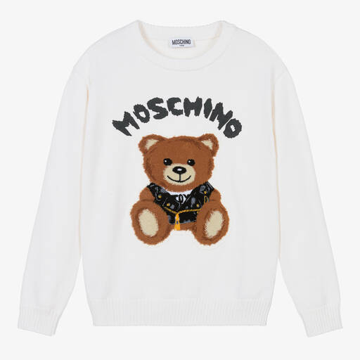 Moschino Kid-Teen-Ivory Knitted Teddy Bear Sweater | Childrensalon Outlet