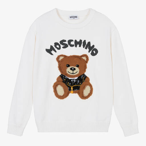 Moschino Kid-Teen-Ivory Knitted Teddy Bear Sweater | Childrensalon Outlet