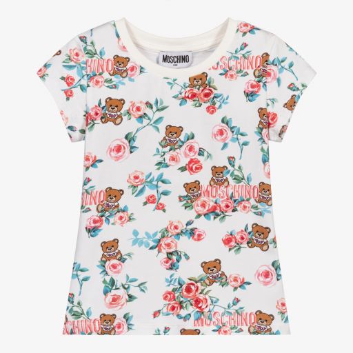Moschino Kid-Teen-Ivory Roses Cotton T-Shirt | Childrensalon Outlet