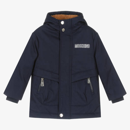 Moschino Kid-Teen-Navy Blue Logo Hooded Coat | Childrensalon Outlet