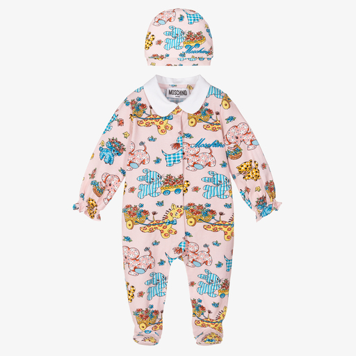 Moschino Baby-طقم هدية بيبي غرو وقبعة قطن جيرسي لون زهري للمولودات | Childrensalon Outlet