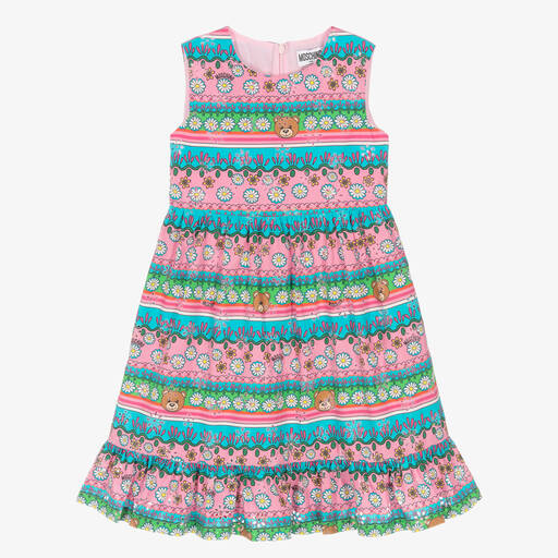 Moschino Kid-Teen-Pink & Blue Floral Cotton Stripe Dress | Childrensalon Outlet