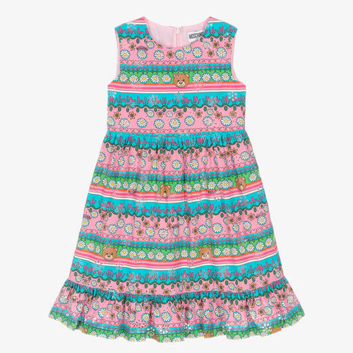 Moschino Кид-Тин-Розово-голубое хлопковое платье в полоску и цветочек | Childrensalon Outlet