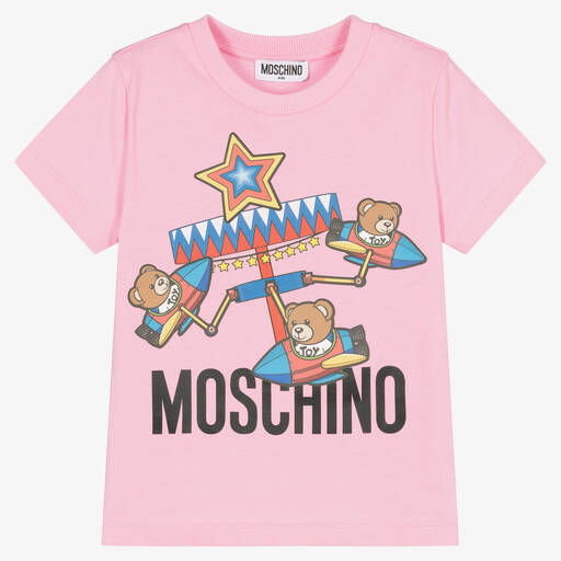 Moschino Kid-Teen-Pink Cotton Fun Fair Teddy Logo T-Shirt | Childrensalon Outlet