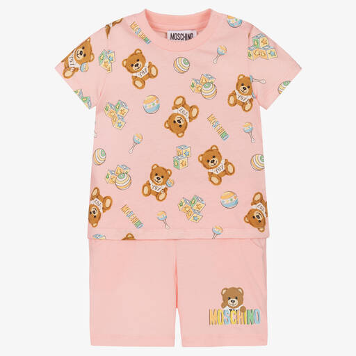 Moschino Baby-Pink Cotton Teddy Logo Shorts Set | Childrensalon Outlet
