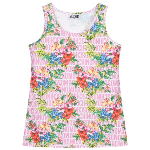 Moschino Кид-Тин-Розовый хлопковый топ с цветами и логотипом | Childrensalon Outlet