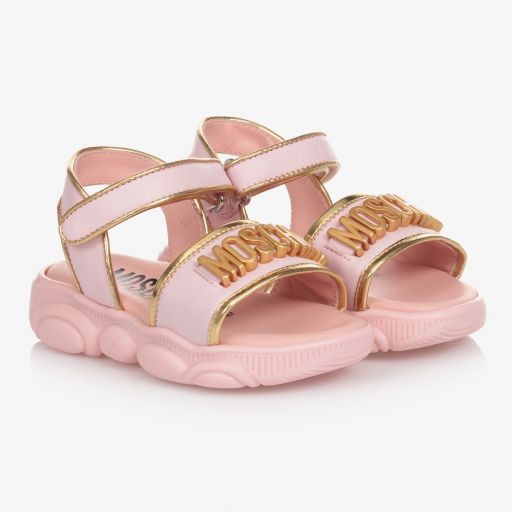 Moschino Kid-Teen-Pink & Gold Logo Sandals | Childrensalon Outlet
