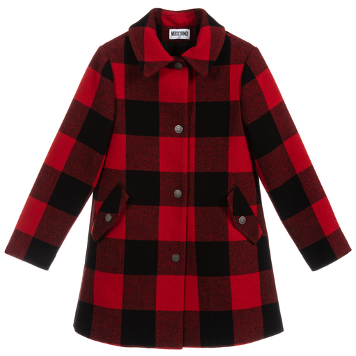 Moschino Kid-Teen-Karierter Mantel in Rot und Schwarz mit Logo | Childrensalon Outlet