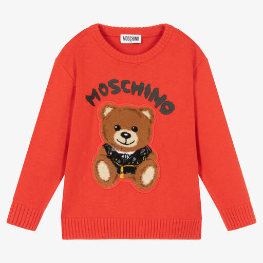 Moschino Kid-Teen-Red Cotton Knit Teddy Bear Jumper | Childrensalon Outlet
