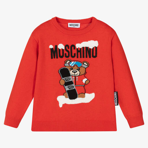 Moschino Kid-Teen-Red Cotton Snowboarding Teddy Sweater | Childrensalon Outlet