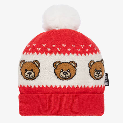Moschino Baby-Red & Ivory Cotton Knit Teddy Baby Hat | Childrensalon Outlet