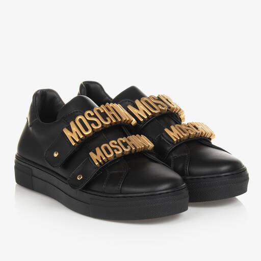 Moschino Kid-Teen-Teen Black & Gold Leather Trainers | Childrensalon Outlet