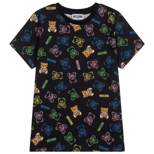 Moschino Kid-Teen-تيشيرت تينز قطن جيرسي لون أسود بطبعة ملونة | Childrensalon Outlet